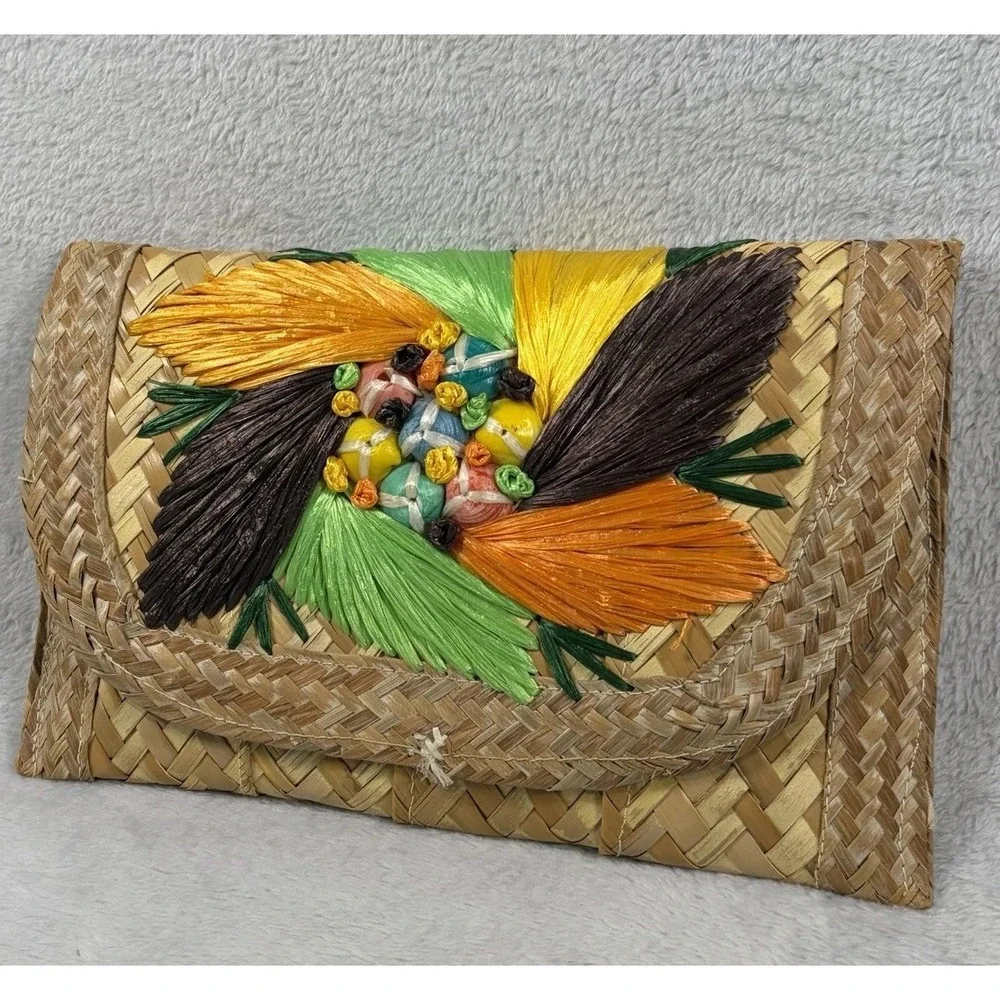 Vintage Woven Straw Envelope Clutch Colorful Raffia Tassel Beaded Boho Bag